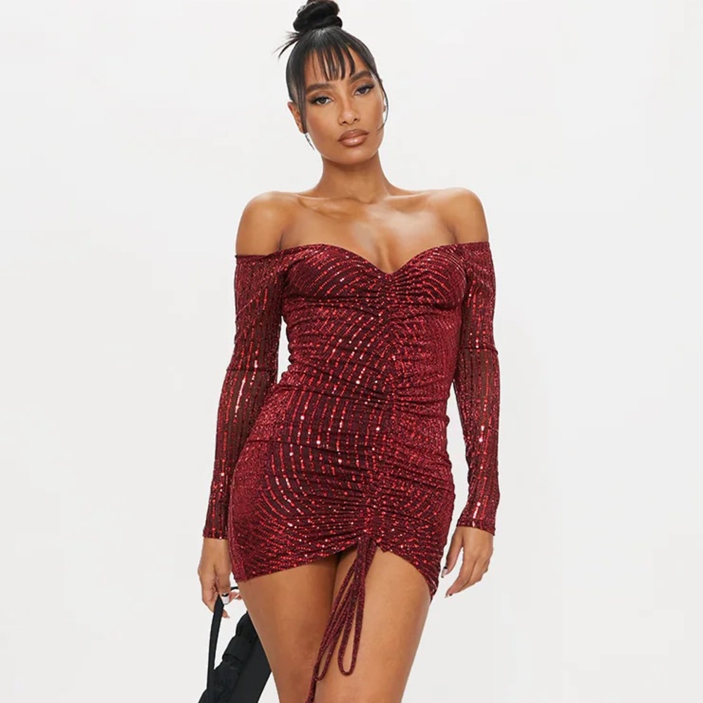 Red Sparkly Bardot Bodycon Dress